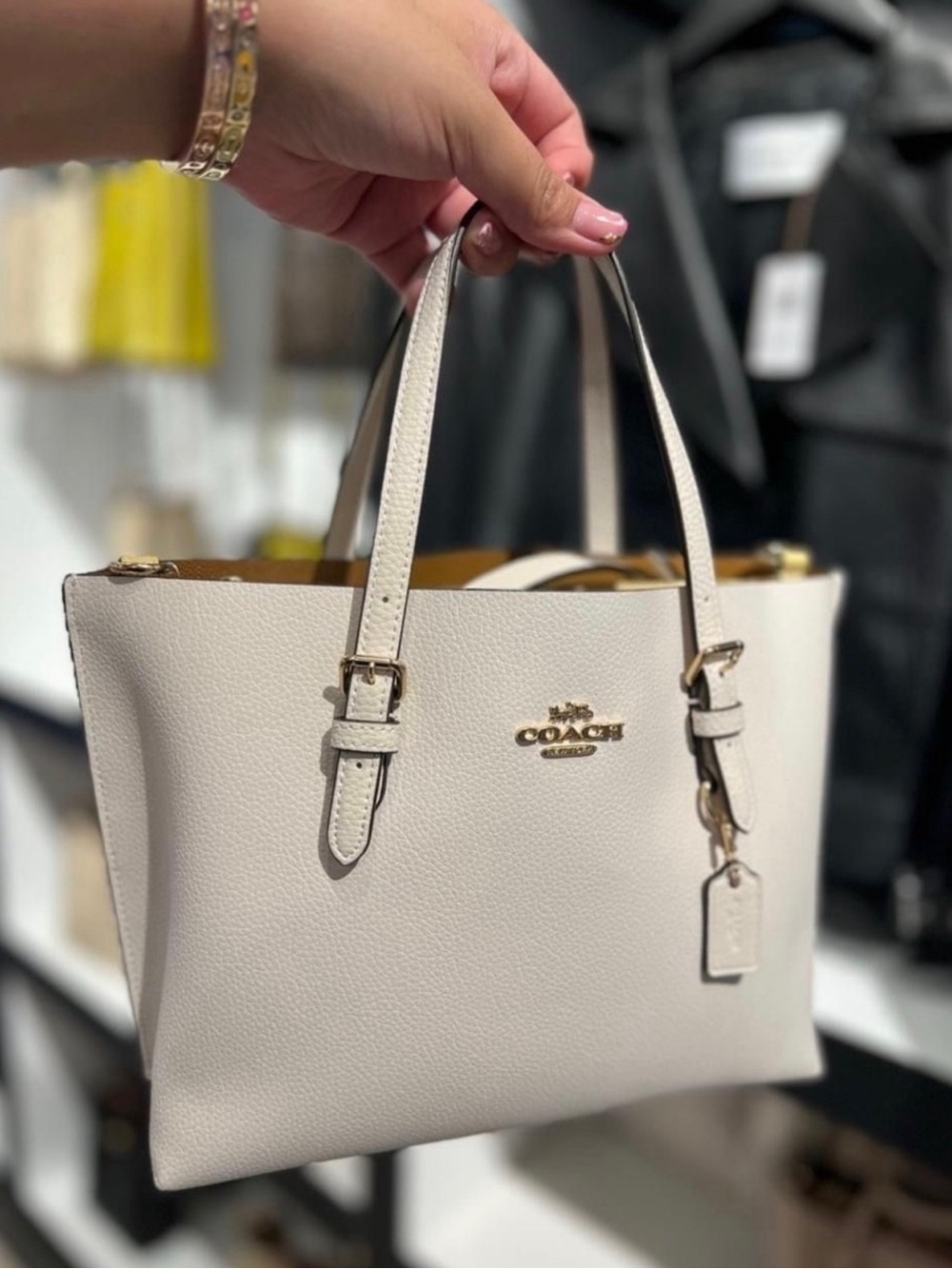 Coach Pebbled Leather Shoulder Tote in Off-White with Gold Hardware